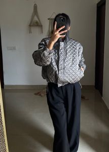 METALLIC SILVER QUILTED BOMBER JACKET