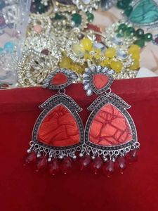 Red Stone Silver Dangle Earrings