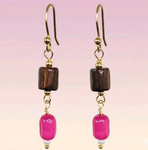 Wooden & Pink Beaded Dangle Earrings