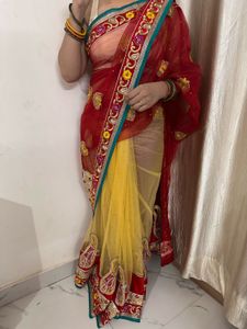 Stunning Red &amp; Yellow Embroidered Net Saree