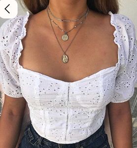 Eyelet Puff Sleeve Crop Top