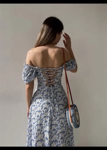 Blue Flower Printed Midi Dress