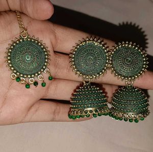 Ethnic Jhumka Earring Set - Green &amp; Oxidized Silve