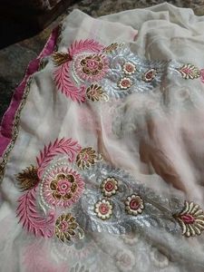 White Pink Grand Embroidery Work Saree
