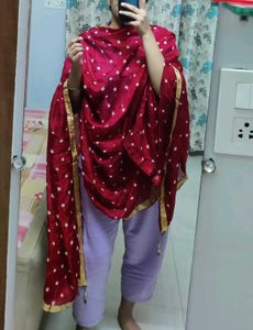 Pink Bandhani Dupatta w Golden Gota Patti &amp; Tassel