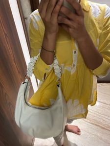 White Ruched Handbag with Pleated Handle Charm