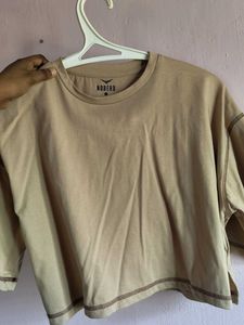 Cropped Beige Tee with Raw Hem