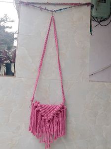 Pink Macrame Fringe Crossbody Bag