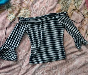 Stripped Off Shoulder Flare Sleeve Top