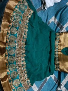 Green Colour Dress With Gold Lace Border