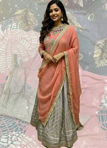 Elegant Peach & Grey unstiched dress🥳