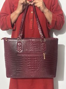 Burgundy Faux Croc Tote Bag