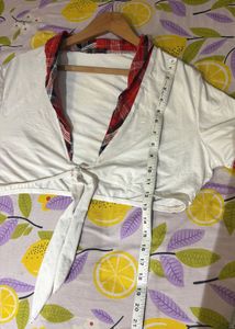 Tie-Front Plaid Trim Top