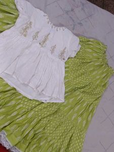 White Embroidered Top With Green Printed Skirt