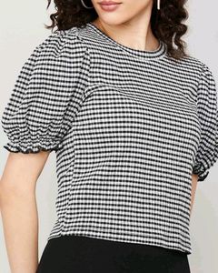 Fitted Black And White Checked Top