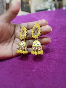 Party Wear Yellow Jumka Ear Rings