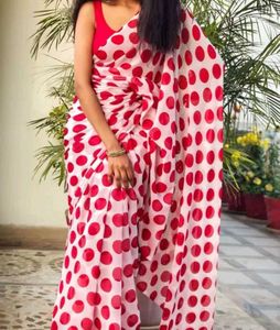 Red & White Polka Dot Saree