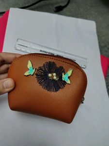 Brown Floral Pouch With Keychain Attachment