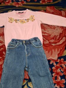 Girls Clothing Set – Pink Full Sleeve Top + Jeans
