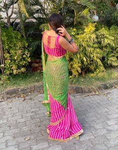 Chic Pink and Green Leheriya Saree with Blouse
