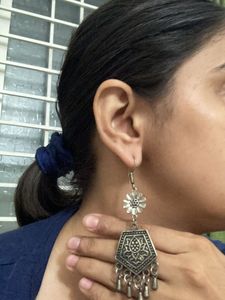 Silver Oxidised Indo Western Dangling Earrings