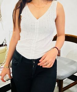 White Sleeveless Embellished Top