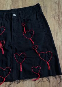 Black Heart Denim Skirt - Hand Embroidered