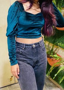 Velvet Puff Sleeve Crop Top