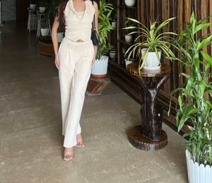 Chic Vest & Trousers Set & Brown Dress