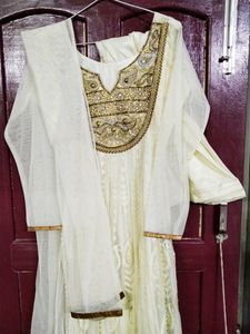 Elegant White &amp; Gold Embroidered Anarkali Dress