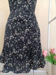 Drawstring Black Floral Dress