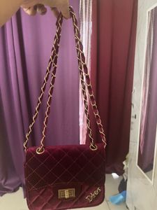 Burgundy Velvet Quilted Chain Bag