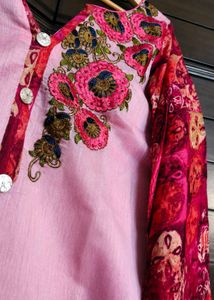 Women Pink Chanderi Cotton Thread Work Suit Set