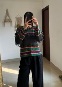 ARYGLE  PRINT TASSLE GREY SWEATER