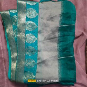 Italian Silk Teal &amp; Silver Soft Saree