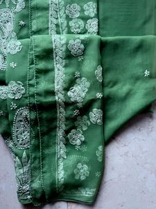Unused Leaf Green Lukhnowi Work saree