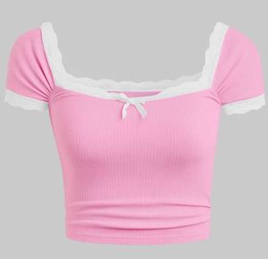 Pink Lace Trim Crop Top