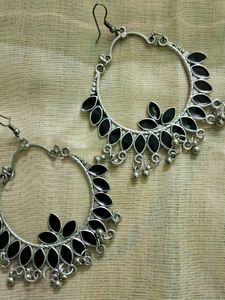 Silver Hoop Earrings with Black Accents