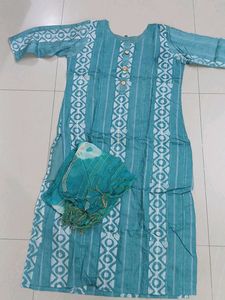Teal Printed Kurti With Dupatta
