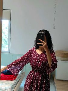 Maroon Fit &amp; Flare Midi Dress with Bell Sleeves