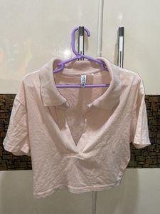 h&amp;m combo cropped collared top white and baby pink