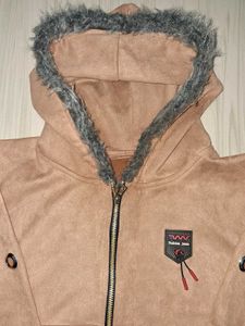 Faux Fur Trim short Hoodie in tan color