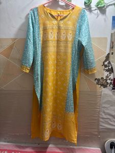 Yellow & Blue Printed Kurti