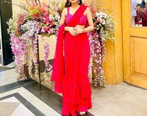 Ready to wear pink georgette saree with flare