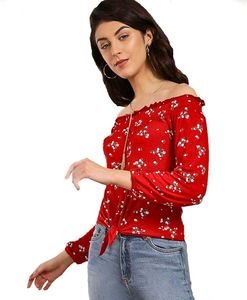 Red Floral Tie-Front Top
