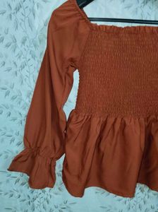 Rust Smocked Square Neck Blouse
