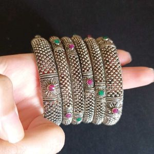 Silver Oxidised Bangle Set (6 Bangles)