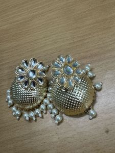 Traditional Gold Jhumka Earrings with Pearl Detail