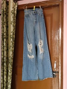 Blue Ribbed Wide Leg Jeans