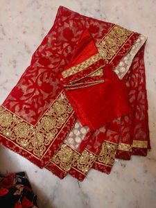 bandhani design Red Embellished Saree